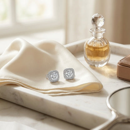 Diamond Pave Double Halo Earring in 14k White Gold — marble silk