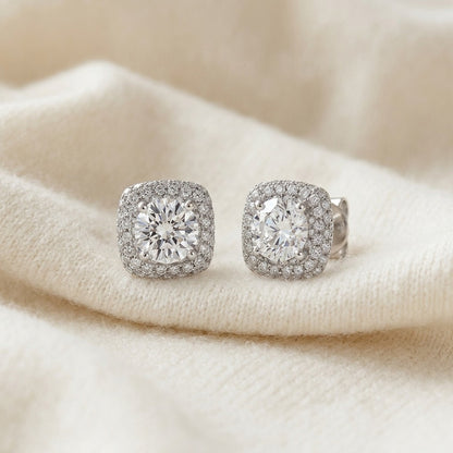 Diamond Pave Double Halo Earring in 14k White Gold — textile flat lay