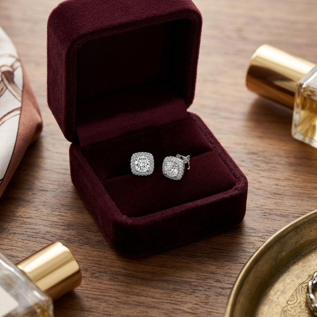 Diamond Pave Double Halo Earring in 14k White Gold — velvet box