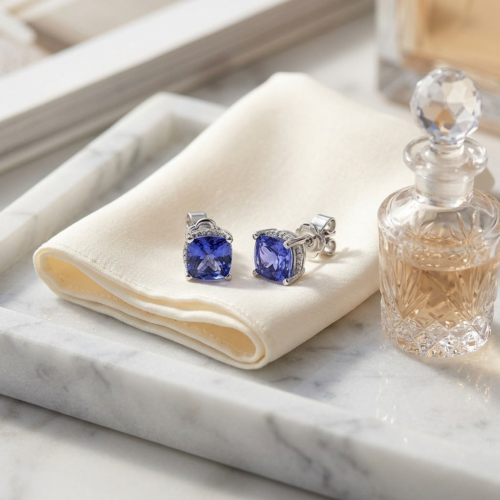 5 Millimeter Cushion Cut Tanzanite 4 Prong Studs in 14k White Gold — marble silk