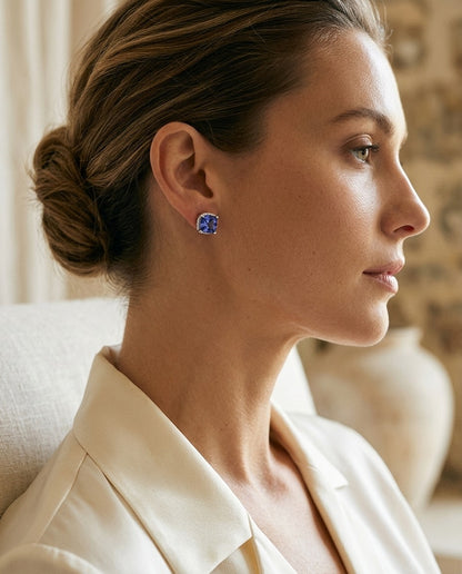 5 Millimeter Cushion Cut Tanzanite 4 Prong Studs in 14k White Gold — portrait close