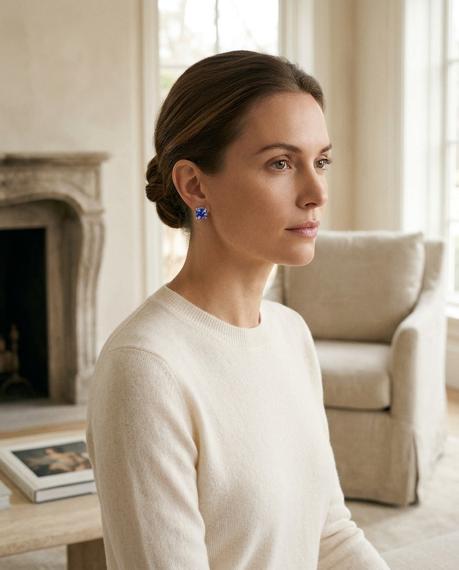 5 Millimeter Cushion Cut Tanzanite 4 Prong Studs in 14k White Gold — portrait full