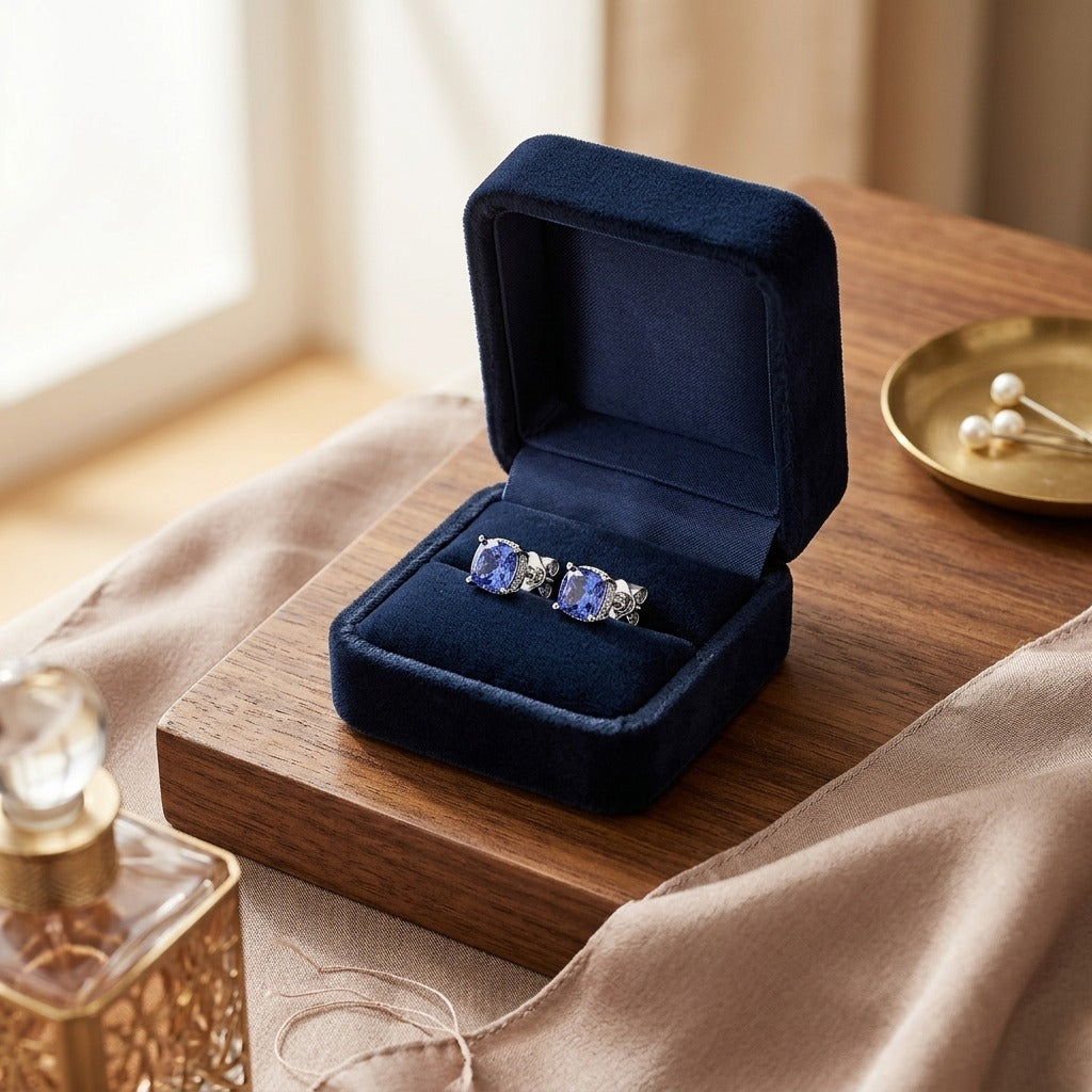 5 Millimeter Cushion Cut Tanzanite 4 Prong Studs in 14k White Gold — velvet box