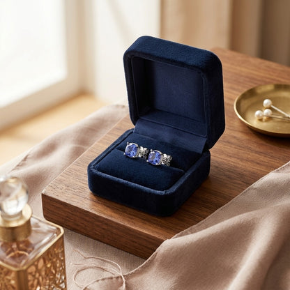 5 Millimeter Cushion Cut Tanzanite 4 Prong Studs in 14k White Gold — velvet box