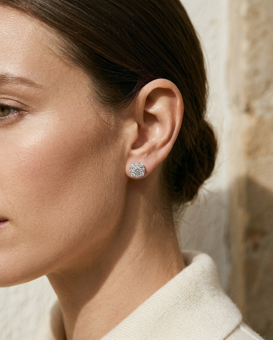 Diamond Cluster Cushion Stud Earrings in 14k White Gold, All Si — portrait close