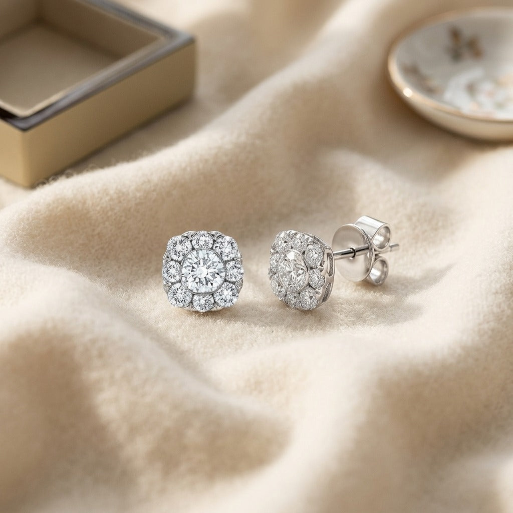 Diamond Cluster Cushion Stud Earrings in 14k White Gold, All Si — textile flat lay