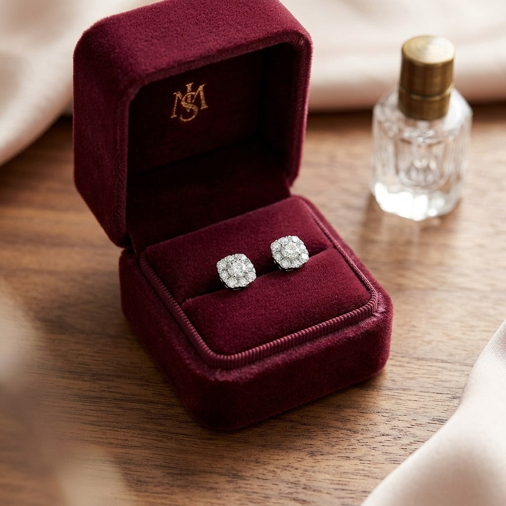 Diamond Cluster Cushion Stud Earrings in 14k White Gold, All Si — velvet box