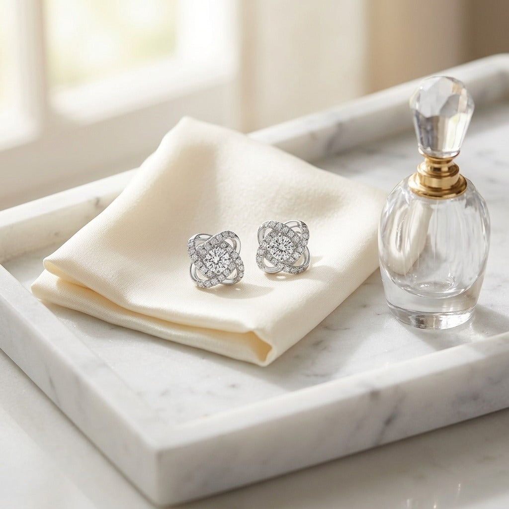 Diamond Pave Cross Knot Earrings with Round Centers in 14k White Gold — marble silk