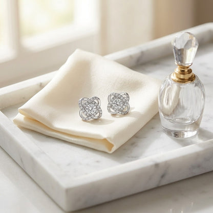 Diamond Pave Cross Knot Earrings with Round Centers in 14k White Gold — marble silk