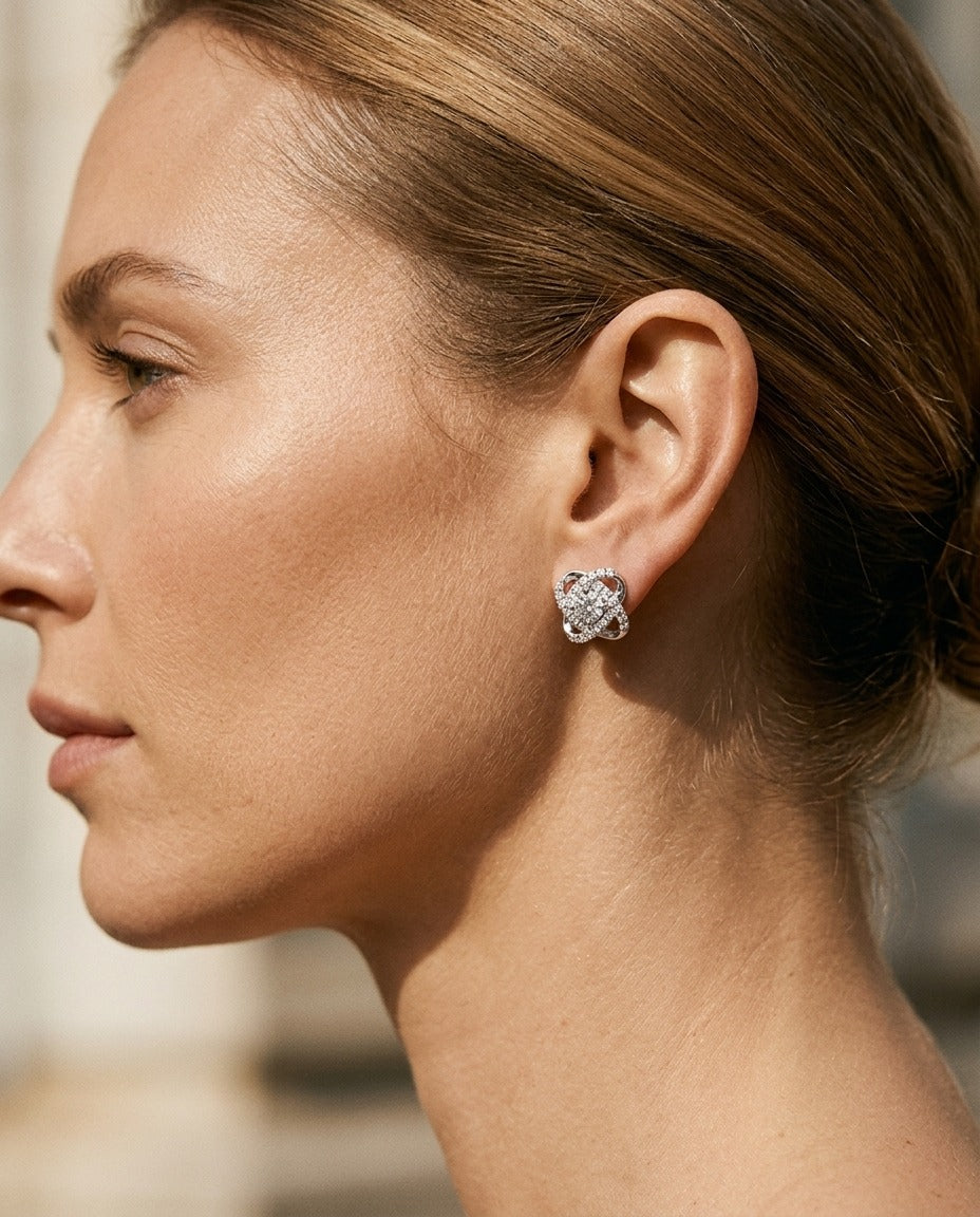 Diamond Pave Cross Knot Earrings with Round Centers in 14k White Gold — portrait close
