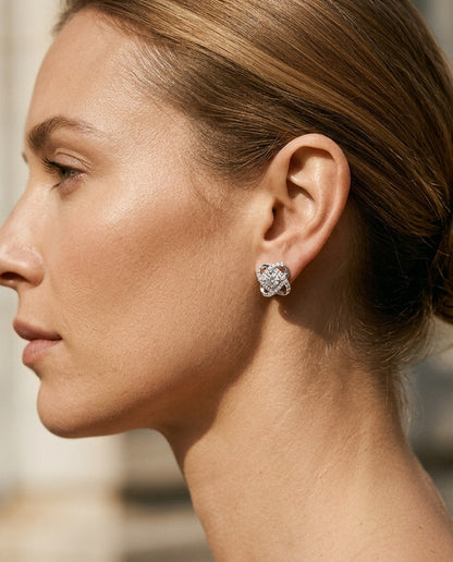 Diamond Pave Cross Knot Earrings with Round Centers in 14k White Gold — portrait close
