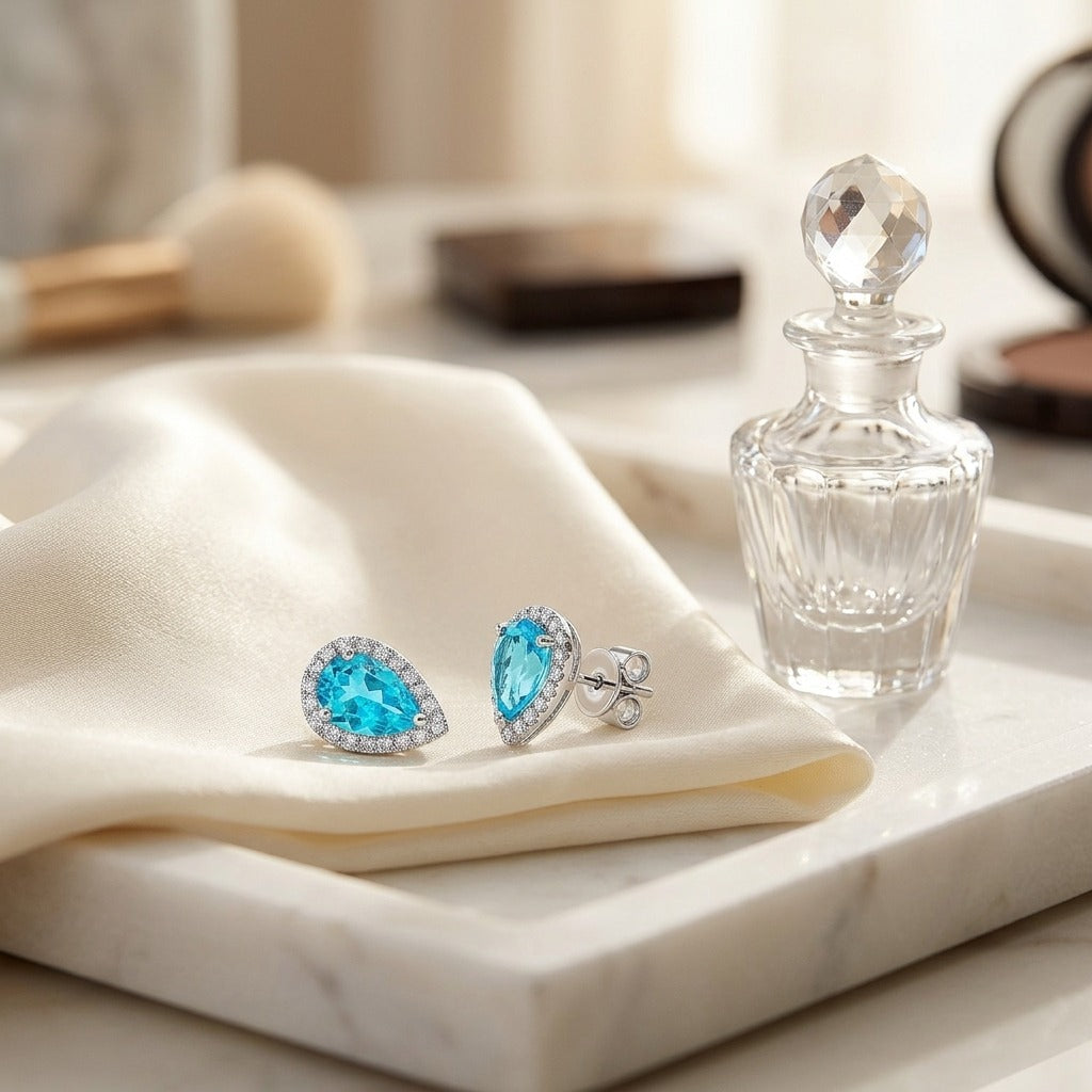 Blue Topaz and Diamond Halo Teardrop Earrings in 14k White Gold 0.18ctw — marble silk