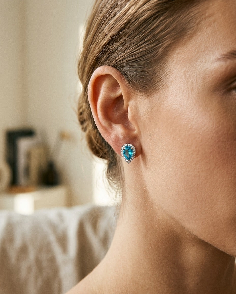 Blue Topaz and Diamond Halo Teardrop Earrings in 14k White Gold 0.18ctw — portrait close