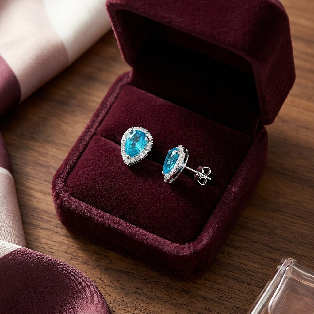 Blue Topaz and Diamond Halo Teardrop Earrings in 14k White Gold 0.18ctw — velvet box
