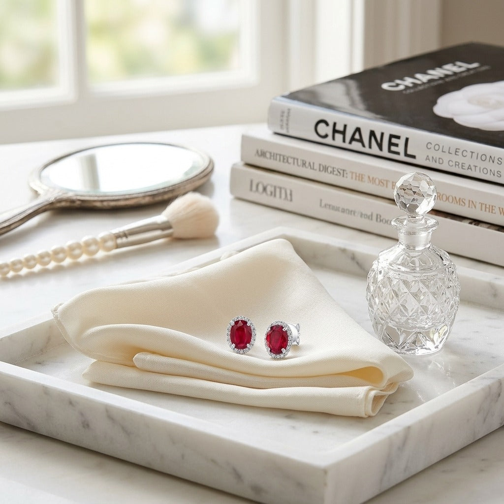 Ruby and Diamond Oval Halo Earrings in 14k White Gold 0.17ctw — marble silk