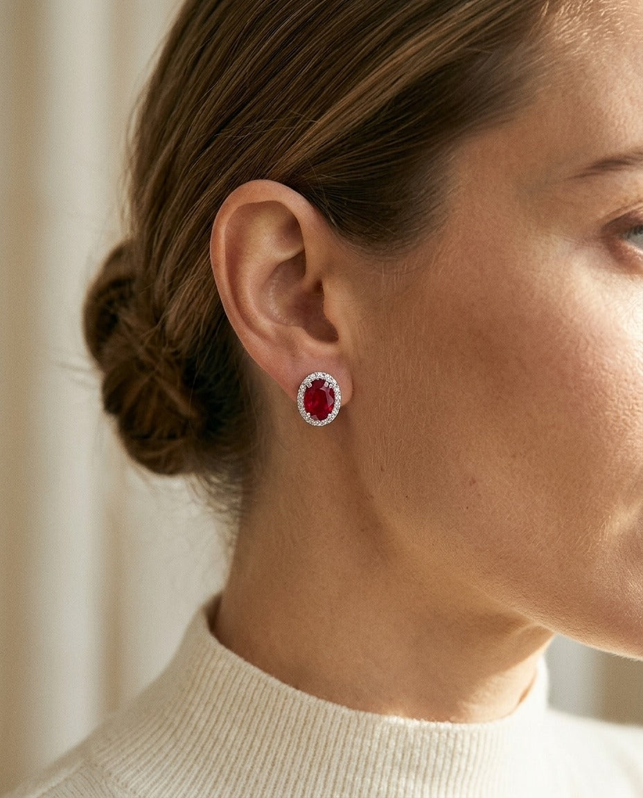 Ruby and Diamond Oval Halo Earrings in 14k White Gold 0.17ctw — portrait close