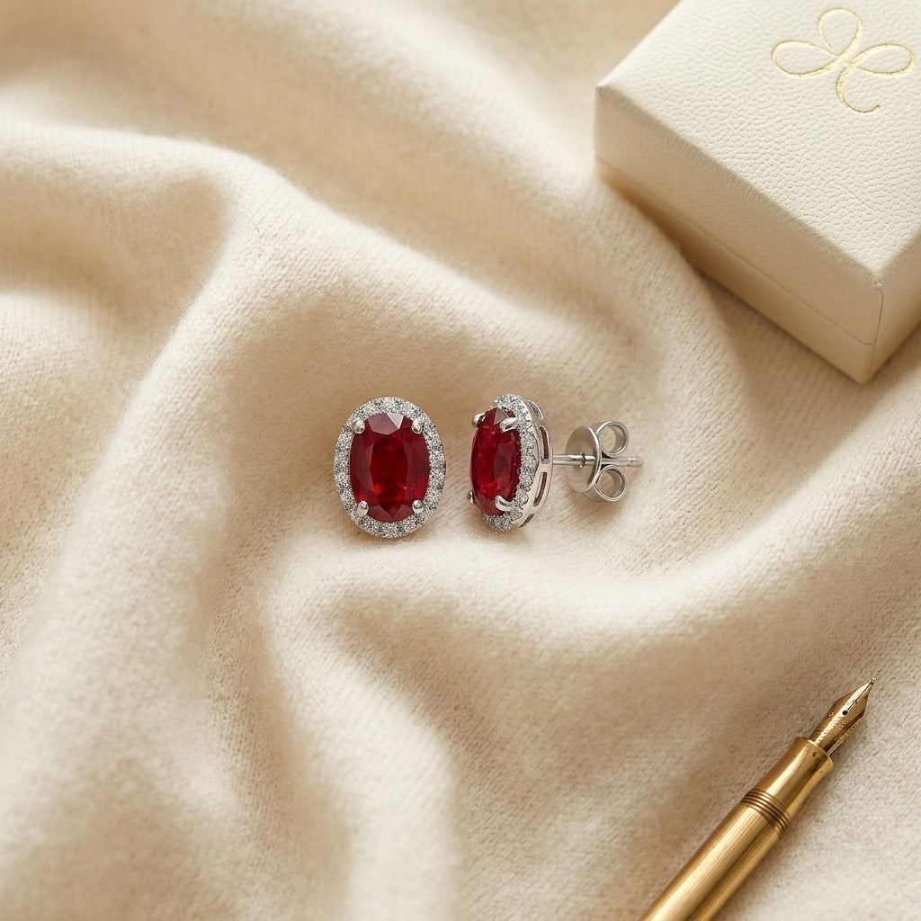 Ruby and Diamond Oval Halo Earrings in 14k White Gold 0.17ctw — textile flat lay