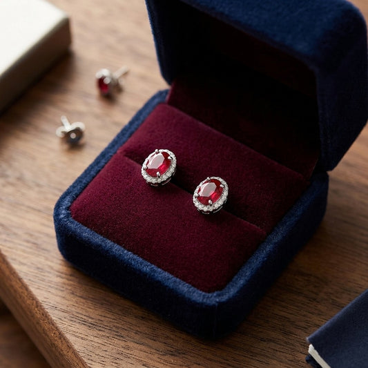 Ruby and Diamond Oval Halo Earrings in 14k White Gold 0.17ctw — velvet box