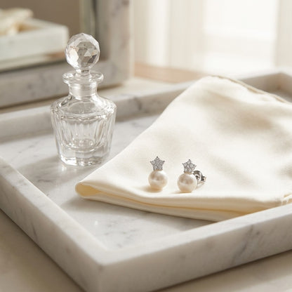 White Pearl and Diamond Earrings with Star Pave Post in 14k White Gold (9.0-9.5mm) (Si) — marble silk