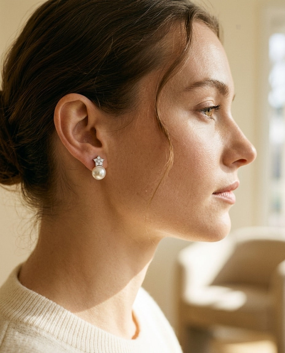 White Pearl and Diamond Earrings with Star Pave Post in 14k White Gold (9.0-9.5mm) (Si) — portrait close