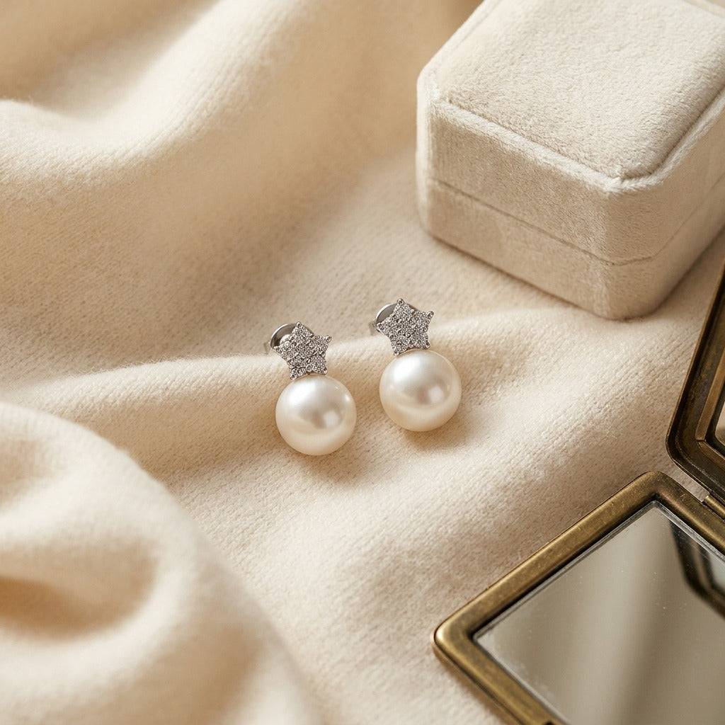 White Pearl and Diamond Earrings with Star Pave Post in 14k White Gold (9.0-9.5mm) (Si) — textile flat lay
