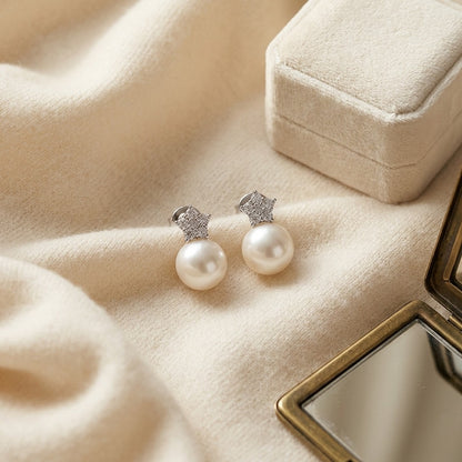 White Pearl and Diamond Earrings with Star Pave Post in 14k White Gold (9.0-9.5mm) (Si) — textile flat lay