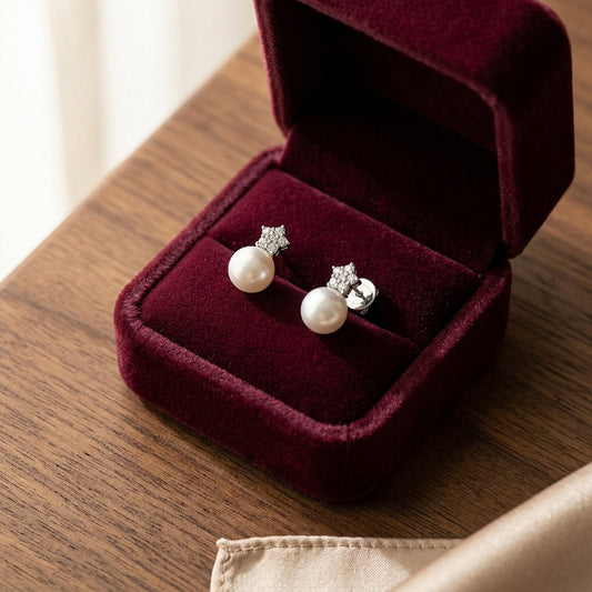 White Pearl and Diamond Earrings with Star Pave Post in 14k White Gold (9.0-9.5mm) (Si) — velvet box