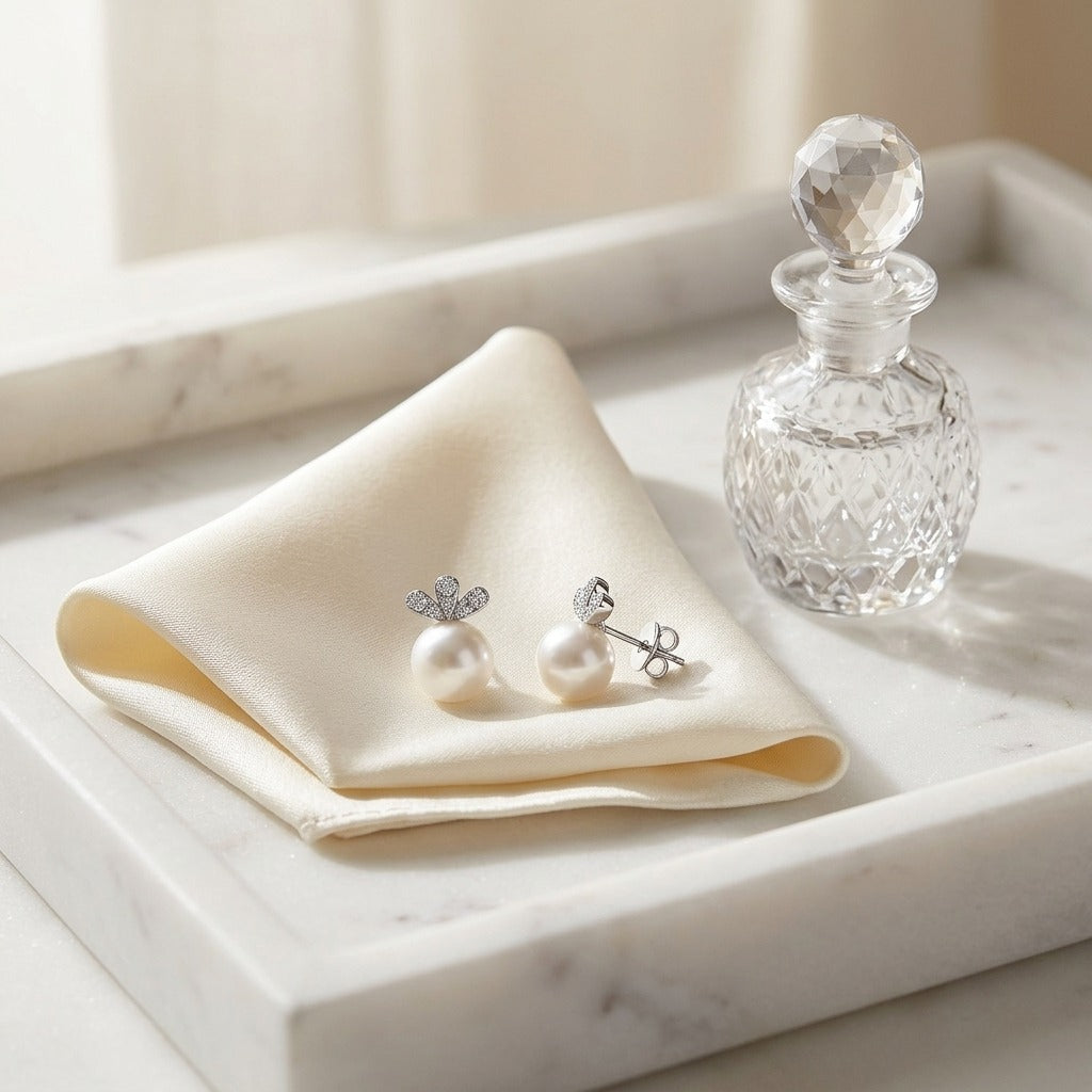 White Pearl and Diamond Earrings with Monarch Posts in 14k White Gold (9.0-9.5mm) (Si) — marble silk