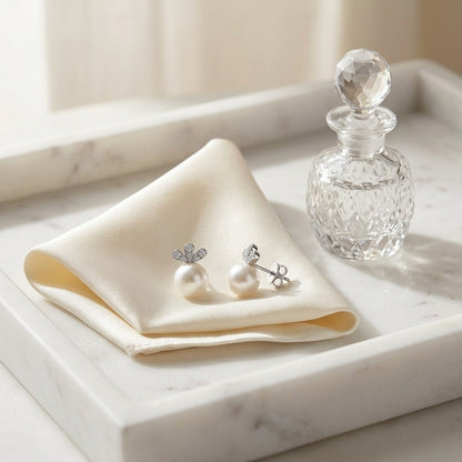 White Pearl and Diamond Earrings with Monarch Posts in 14k White Gold (9.0-9.5mm) (Si) — marble silk