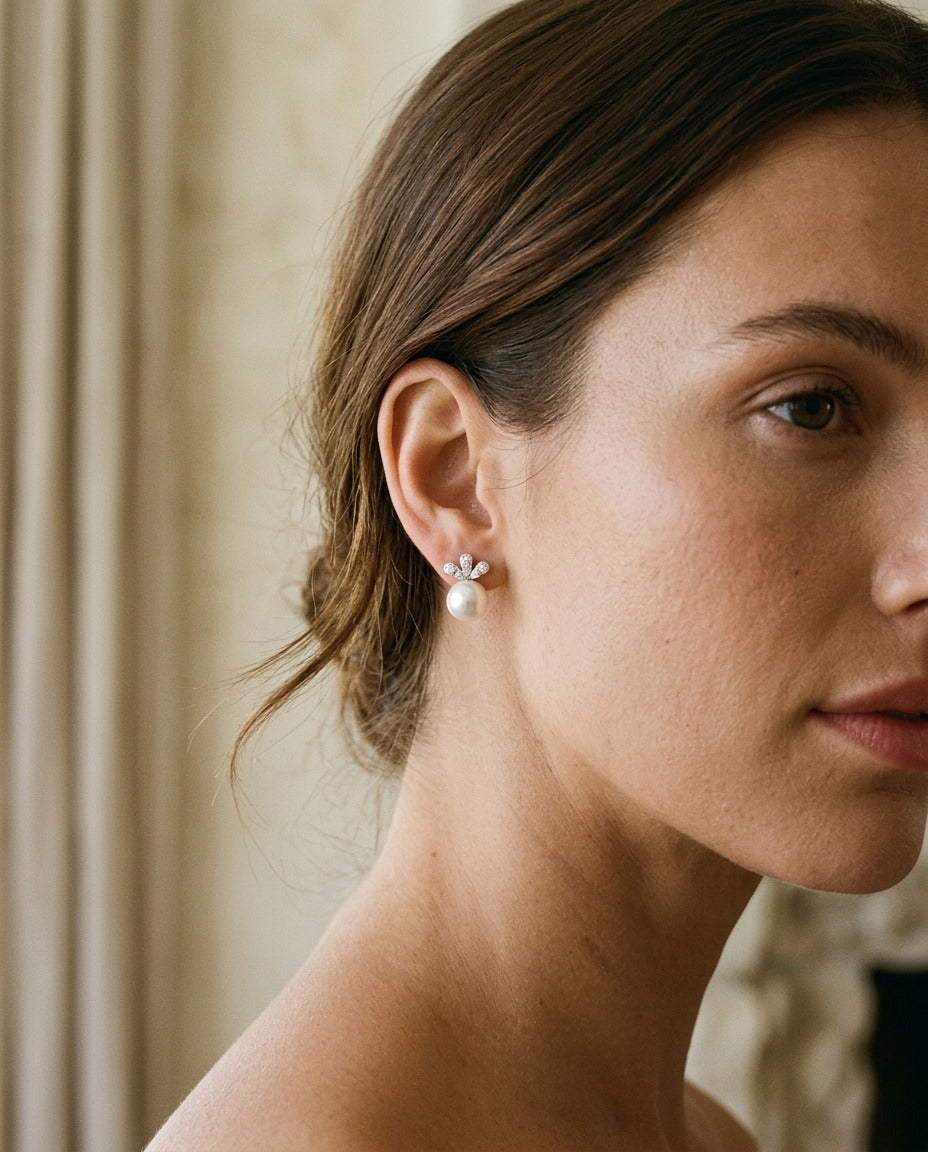 White Pearl and Diamond Earrings with Monarch Posts in 14k White Gold (9.0-9.5mm) (Si) — portrait close