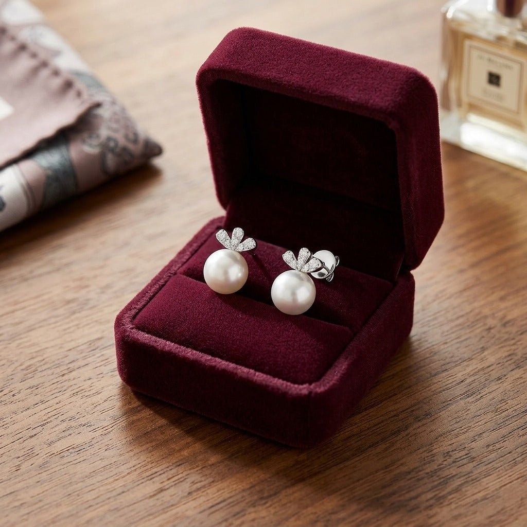 White Pearl and Diamond Earrings with Monarch Posts in 14k White Gold (9.0-9.5mm) (Si) — velvet box