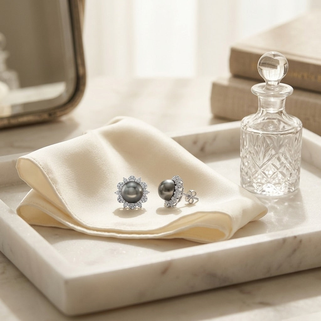 Tahitian Pearl and Diamond Earrings with Arabesque Border in 14k White Gold — marble silk