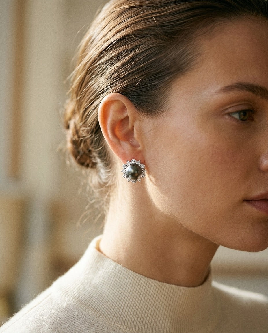 Tahitian Pearl and Diamond Earrings with Arabesque Border in 14k White Gold — portrait close
