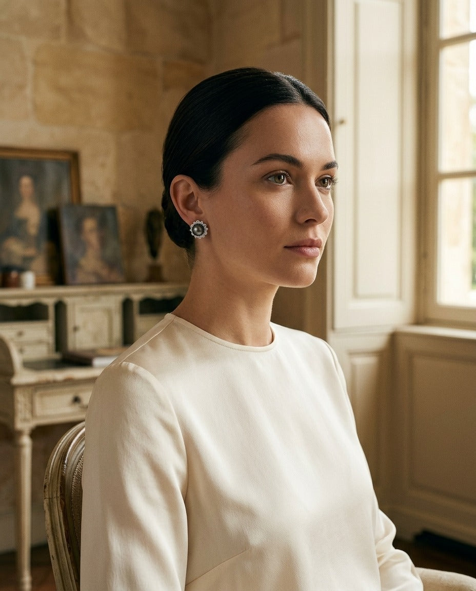 Tahitian Pearl and Diamond Earrings with Arabesque Border in 14k White Gold — portrait full
