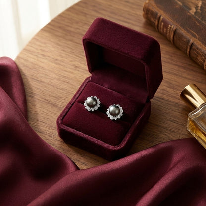 Tahitian Pearl and Diamond Earrings with Arabesque Border in 14k White Gold — velvet box