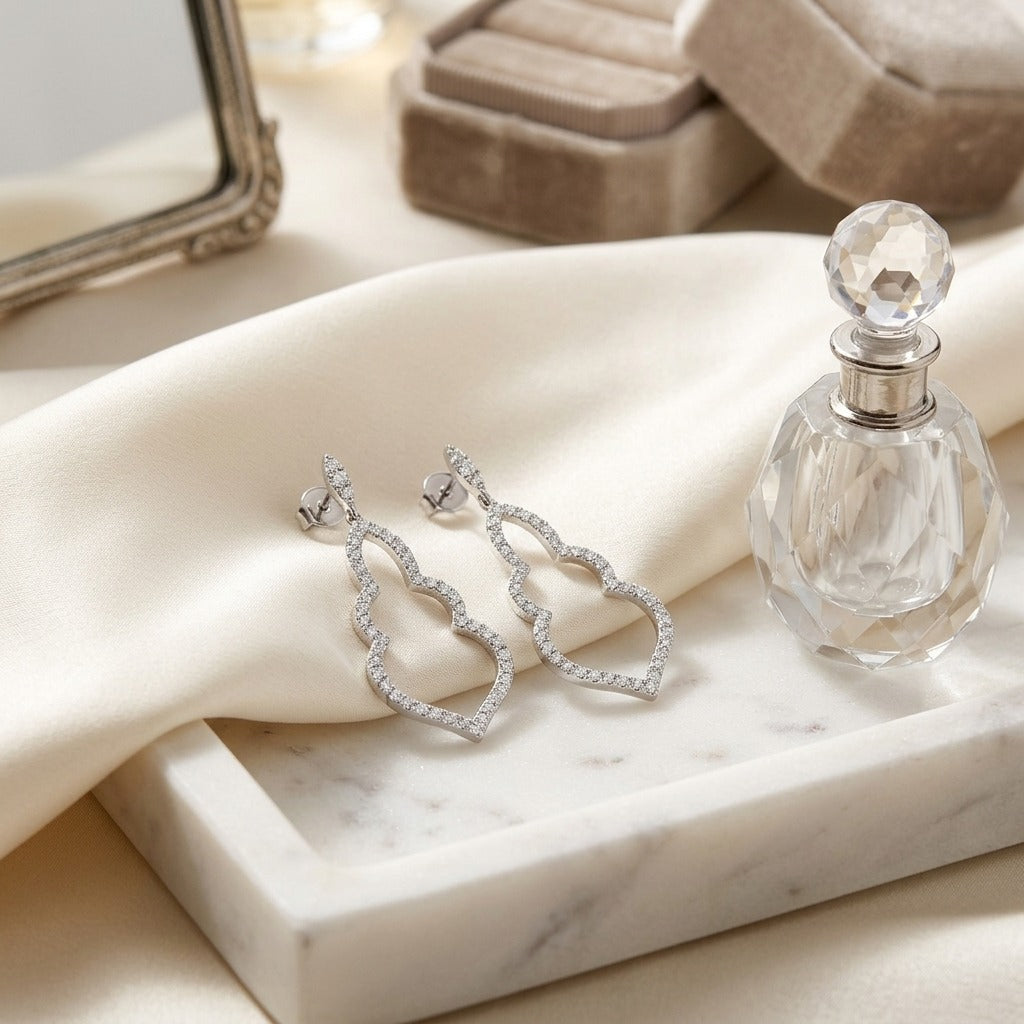 Diamond Open Damask Dangle Earrings in 14k White Gold — marble silk