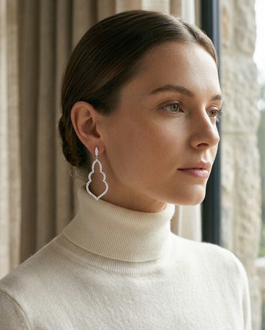 Diamond Open Damask Dangle Earrings in 14k White Gold — portrait close