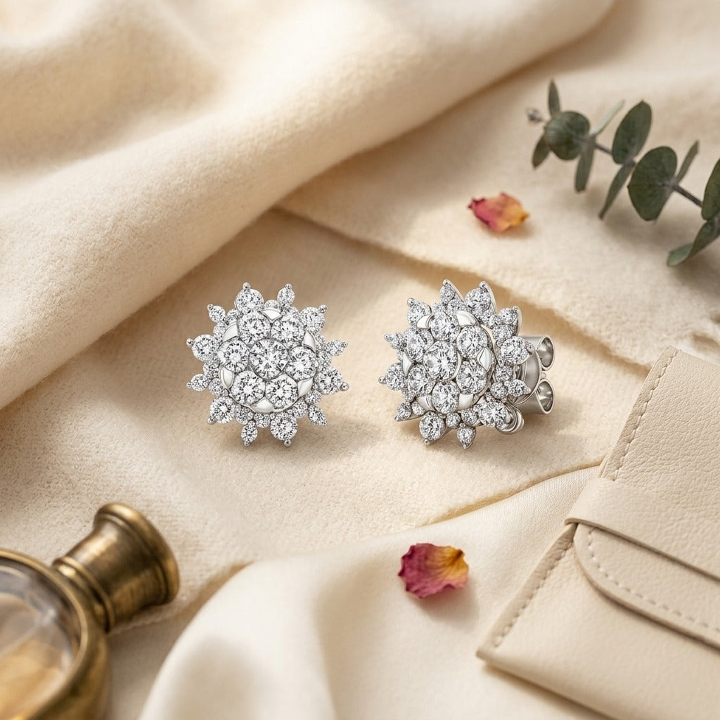 Diamond Starburst Convertible Earring Jacket in 14k White Gold — textile flat lay