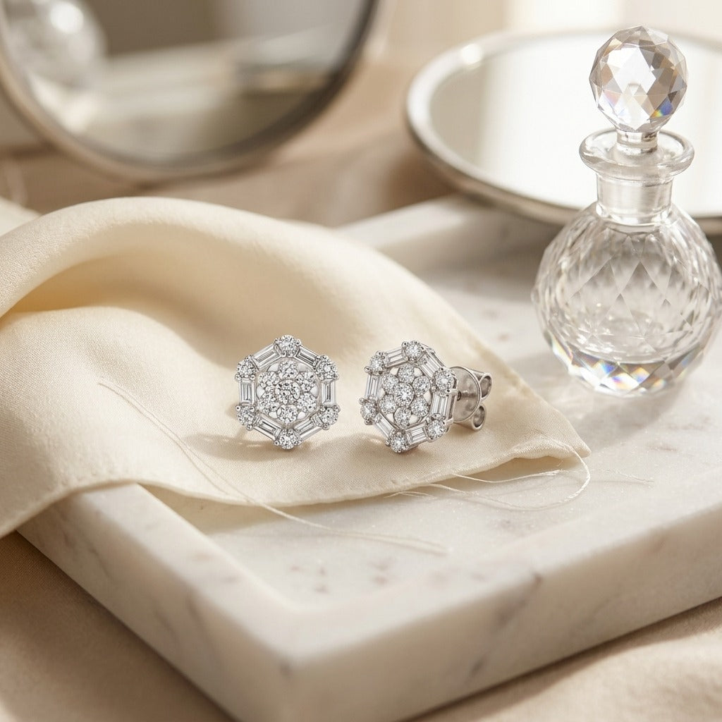 Diamond Cluster Earrings with Octagon Dangles in 14k White Gold — marble silk