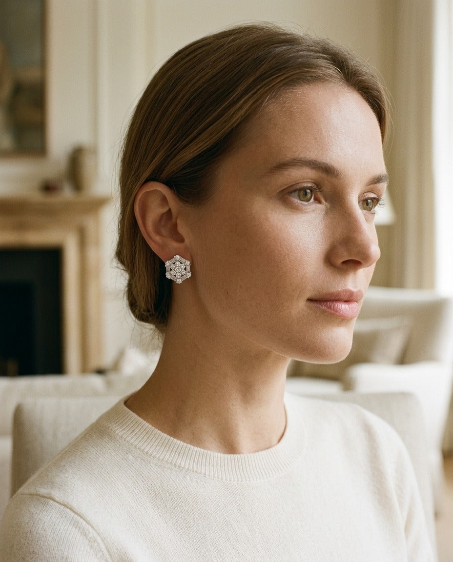 Diamond Cluster Earrings with Octagon Dangles in 14k White Gold — portrait close