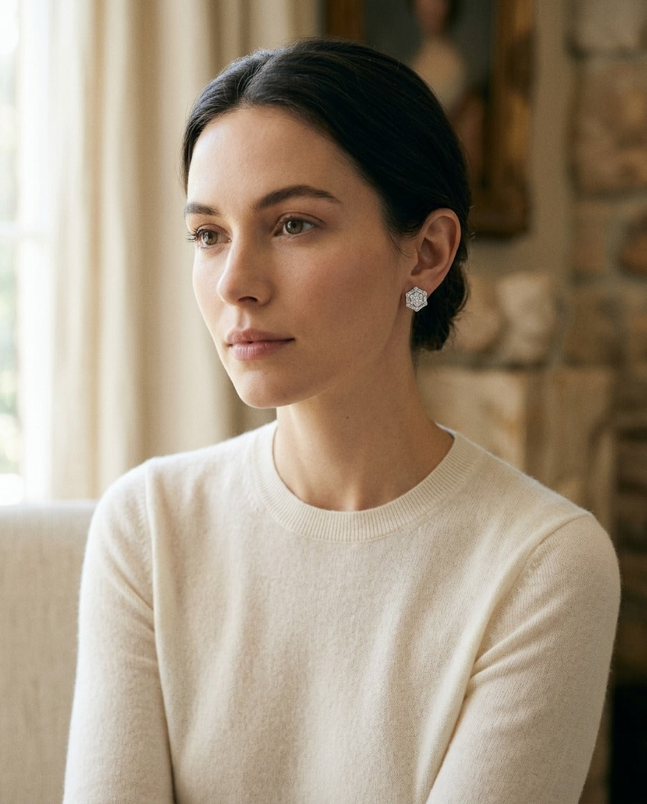 Diamond Cluster Earrings with Octagon Dangles in 14k White Gold — portrait full