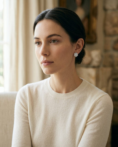 Diamond Cluster Earrings with Octagon Dangles in 14k White Gold — portrait full