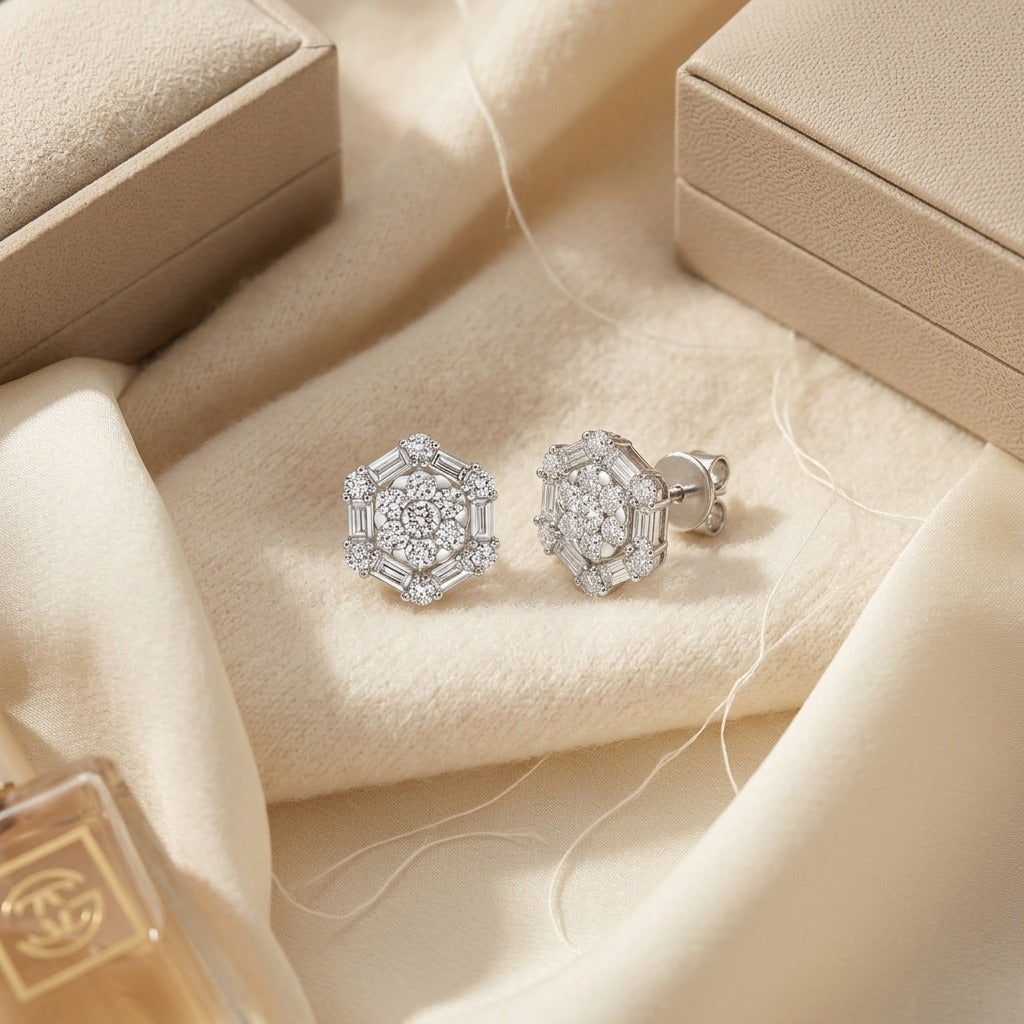 Diamond Cluster Earrings with Octagon Dangles in 14k White Gold — textile flat lay