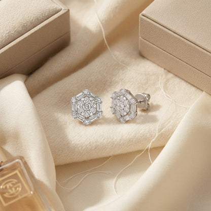 Diamond Cluster Earrings with Octagon Dangles in 14k White Gold — textile flat lay