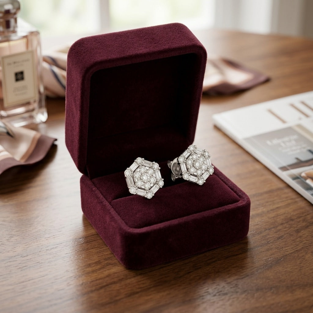 Diamond Cluster Earrings with Octagon Dangles in 14k White Gold — velvet box