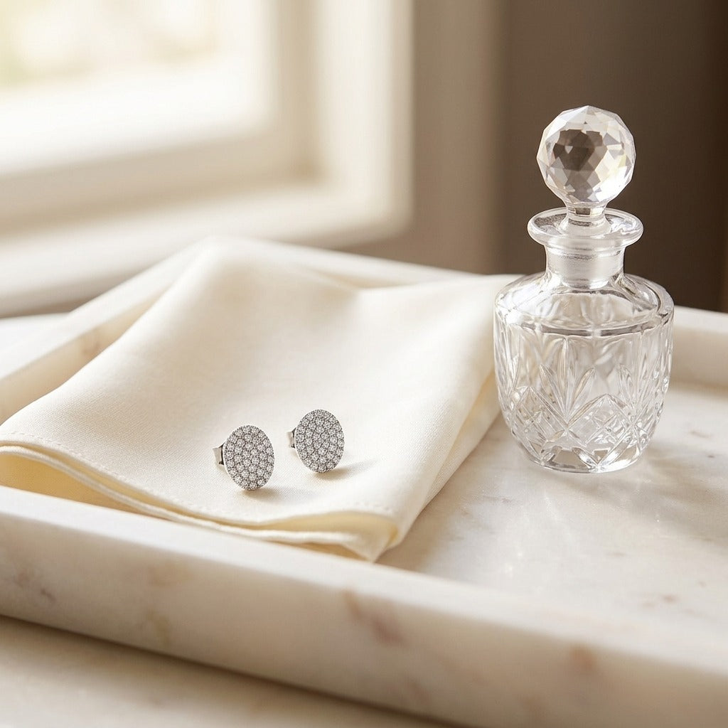 Diamond Pave Disk Stud Earrings in 14k White Gold — marble silk