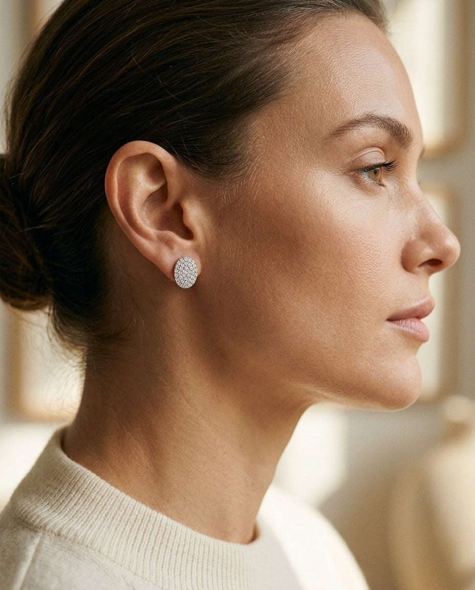 Diamond Pave Disk Stud Earrings in 14k White Gold — portrait close