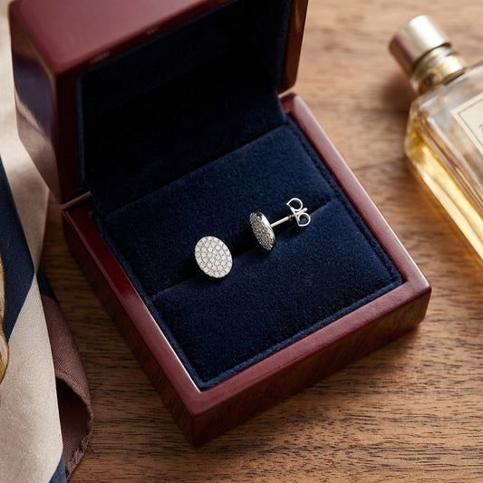 Diamond Pave Disk Stud Earrings in 14k White Gold — velvet box