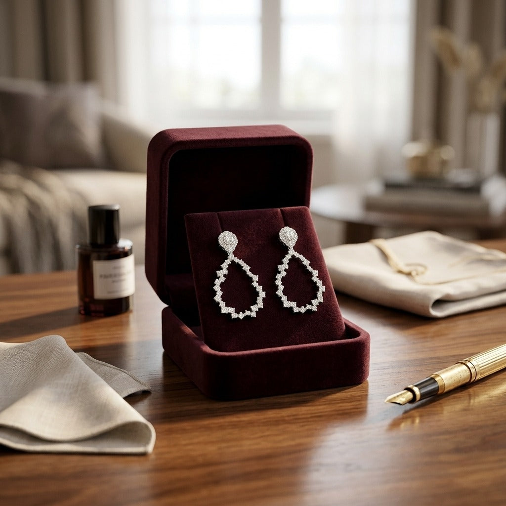 Diamond Pear Cluster Stud Earrings With Removeable Dangle Teardrop in 14k White Gold 1-1/4ctw — velvet box