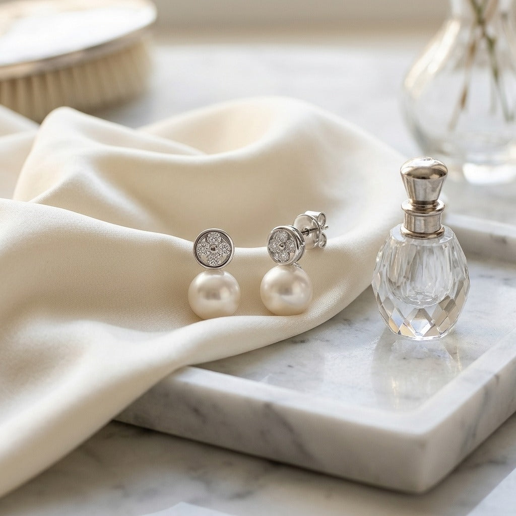 Pearl and Diamond Button Post Drop Earrings in 14k White Gold (8mm) — marble silk